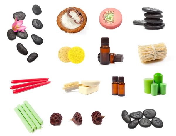 Collage Van Cosmetisch Product Objecten Geïsoleerd Witte Achtergrond — Stockfoto