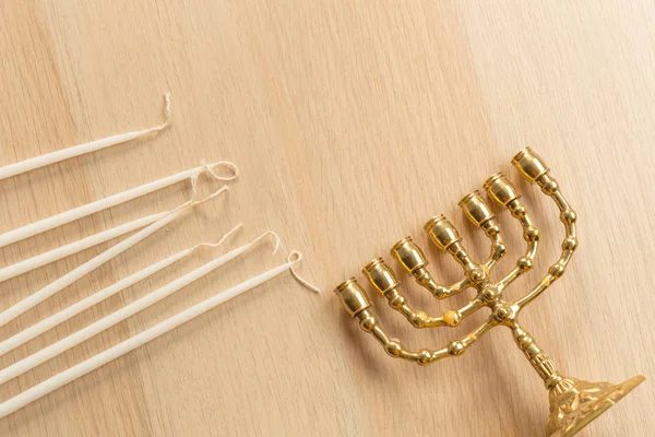 Close Ancient Ritual Candle Menorah Wooden Background — Stock Photo, Image