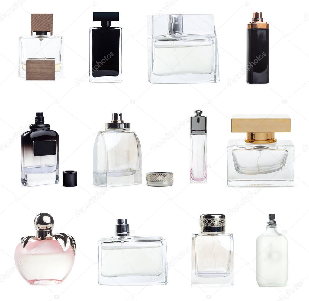Collage of luxury perfumes  on background,close up