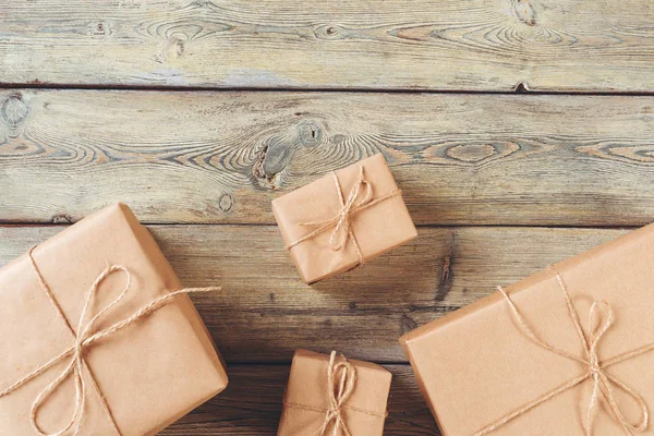 Various Gift Boxes Wooden Table Top View — Stock Photo, Image