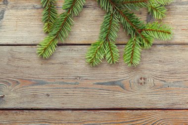Ahşap arka plan üzerinde Noel çam ağacı dalları