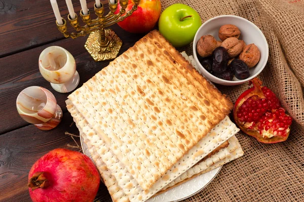 Jewish Holiday Passover Banner Design Wine Matzo Wooden Background — Stock Photo, Image