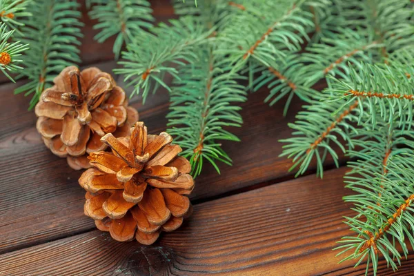 Composición Navideña Con Ramas Abeto Sobre Fondo Madera —  Fotos de Stock