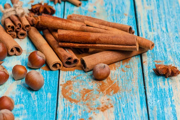 close up of Cinnamon sticks on wooden background