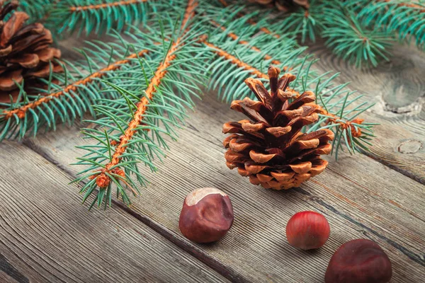 圣诞节装饰与冷杉树和松果在 木背景 — 图库照片