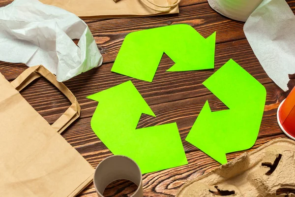 Koncepcja Eco Recykling Symbol Stół Tło Widok Góry — Zdjęcie stockowe