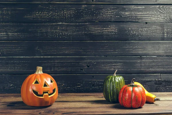 Halloween Holiday Background Pumpkins Wooden Table — Stock Photo, Image