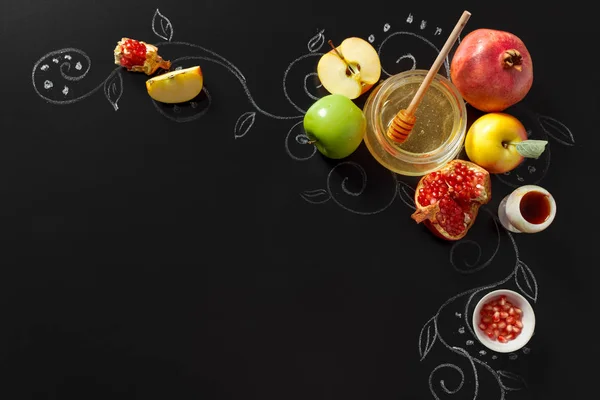 Granátové Jablko Jablko Med Pro Symboly Tradiční Svátek Roš Šana — Stock fotografie
