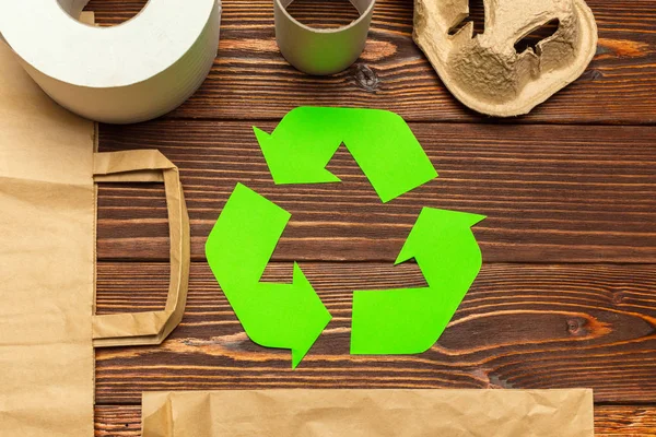 Eco Concept Recycling Symbol Table Background Top View — Stock Photo, Image