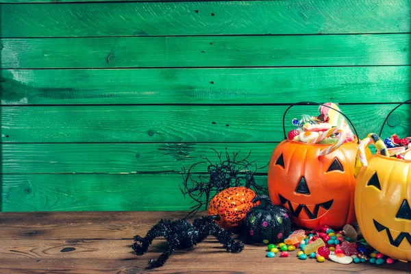 Happy Halloween Pumpkins Candies Festive Decorations Food — Stock Photo, Image
