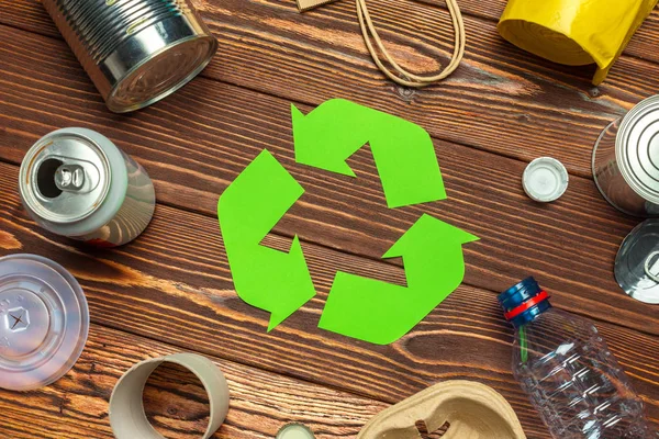 Eco Koncept Med Återvinning Symbol Tabell Bakgrund Ovanifrån — Stockfoto