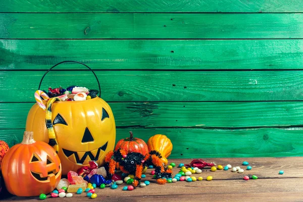 Happy Halloween Pumpkins Candies Festive Decorations Food — Stock Photo, Image