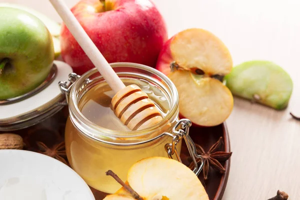 Hari Raya Yahudi Rosh Hashanah Latar Belakang Dengan Madu Dan — Stok Foto