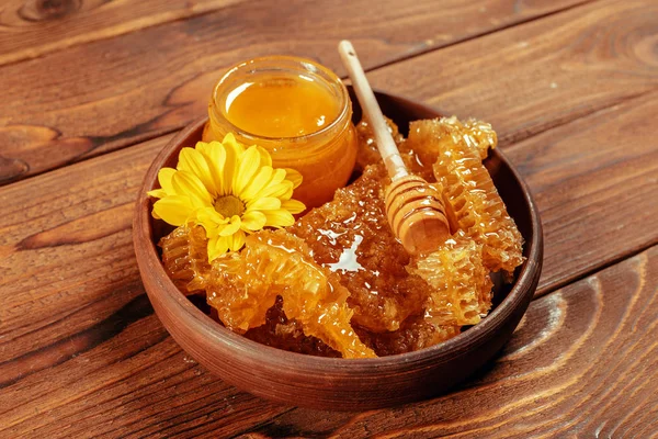 Honey Jar Honey Dipper Vintage Wooden Background — Stock Photo, Image