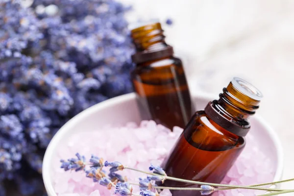 Close up of lavender body care products.