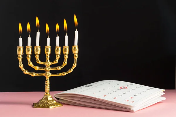 Bronze Hanukkah Menorah Burning Candles — Stock Photo, Image