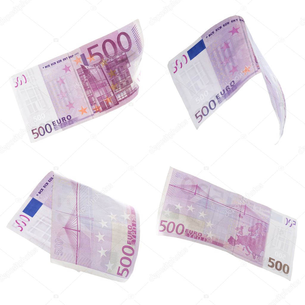 Five hundred euro banknotes collage isolated on white