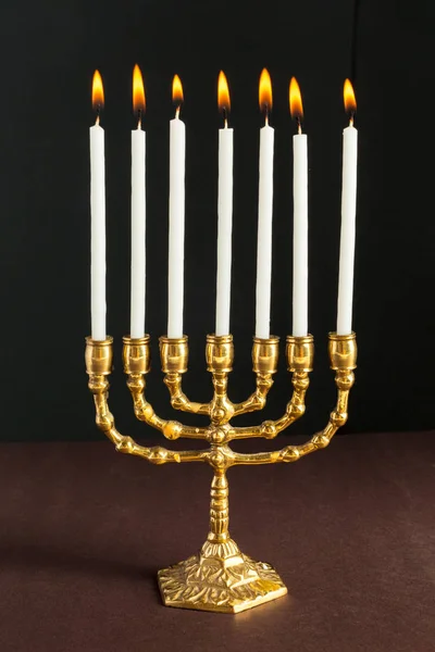 Bronze Hanukkah Menorah Burning Candles — Stock Photo, Image