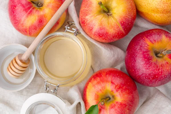 Jewish Holiday Rosh Hashanah Background Honey Apples Wooden Table — Stock Photo, Image