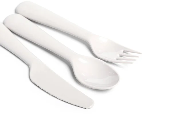 Set Various Plastic Cutlery Isolated White Background — Stock Photo, Image