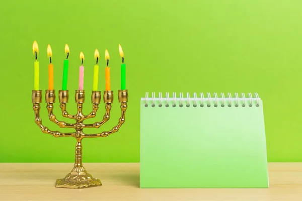 Bronze Hanukkah Menorah Burning Candles — Stock Photo, Image