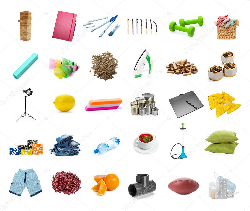 big collection of different objects isolated owhite background