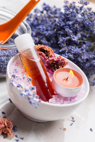 Close up of lavender body care products.