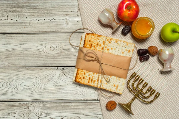 Jewish Holiday Passover Banner Design Wine Matzo Wooden Background — Stock Photo, Image