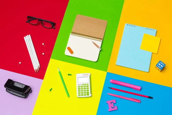 Top View School Office Supplies Colorful Background — Stock Photo, Image
