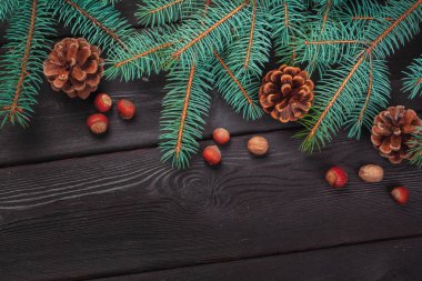 Beyaz ahşap zemin üzerinde köknar ağacı, çam kozalakları ile Noel dekorasyon