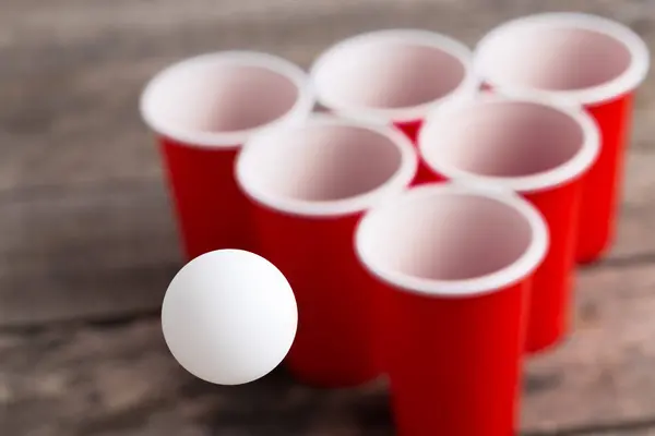 Game Beer Pong Wooden Table Stock Photo