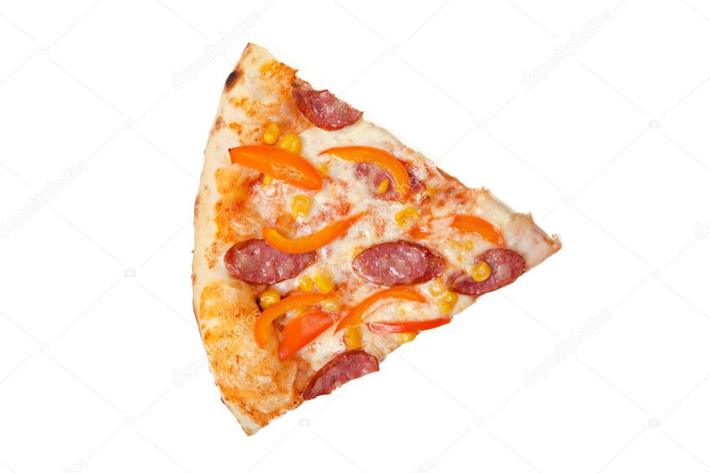 Pizza slice isolated on white background top view