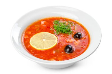 oof çorba, kırmızı borsch beyaz arka plan üzerinde kapatın 