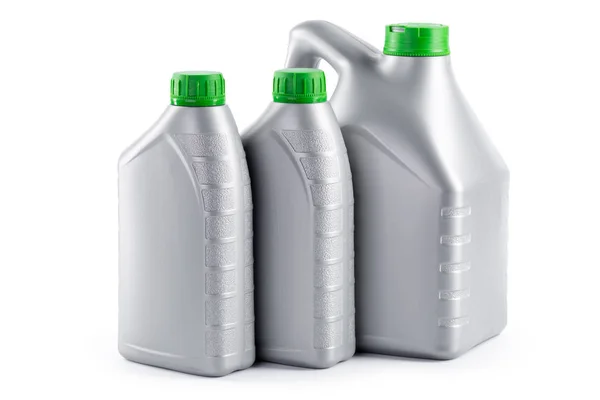 Plastic Bottles Automobile Oils Isolated White Background — Stock Photo, Image