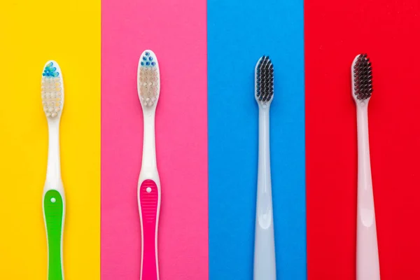 Flat Lay Composition Manual Toothbrushes Color Background Close — Stock Photo, Image