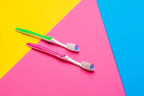 Flat Lay Composition Manual Toothbrushes Color Background Close — Stock Photo, Image