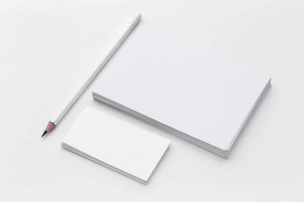 White Blank Business Card Office Table Desk Pencil Top View — Stock Photo, Image