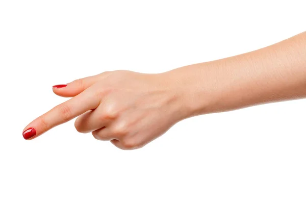 Mano Mujer Señala Con Dedo Algo Aislado Sobre Fondo Blanco —  Fotos de Stock