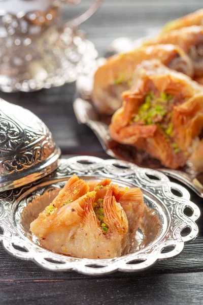 Achtergrond Met Diverse Traditionele Oosterse Desserts Verschillende Arabische Zoetigheden — Stockfoto