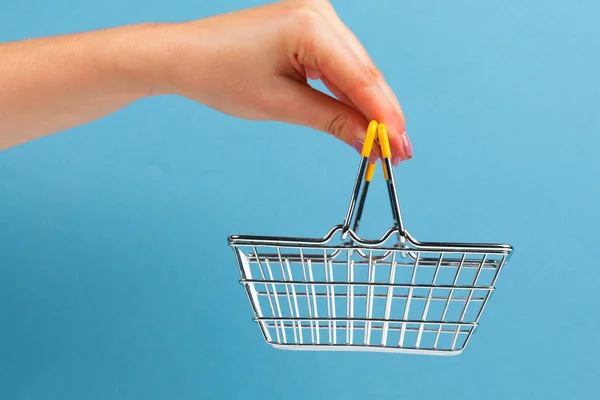白と青の背景に手にショッピングカートのトロリー サイドビュー ショッピングのコンセプト — ストック写真