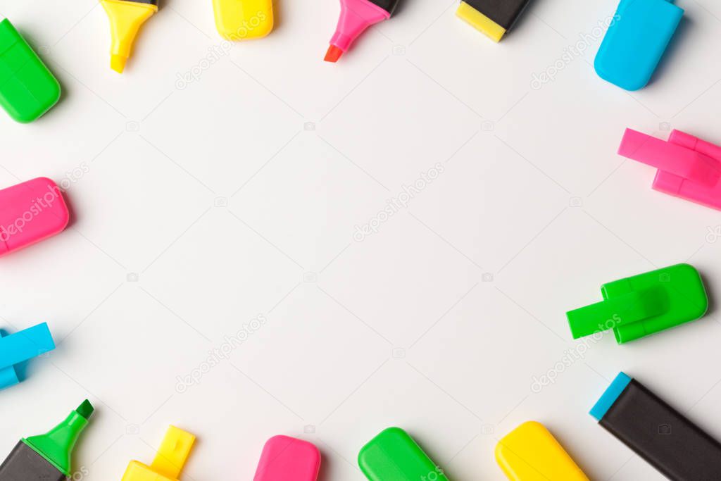 Multicolored highlighters. Isolated on white background close up