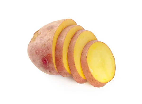 Rauwe Aardappelknol Met Wit Geïsoleerde Schijfjes — Stockfoto