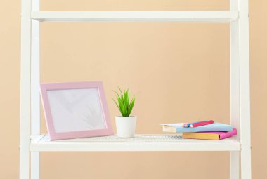 Bej arka plan karşı pota bitki ile beyaz kitaplık