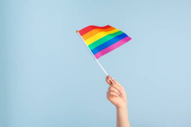Gri arka planda kadınların elinde eşcinsel bayrakları