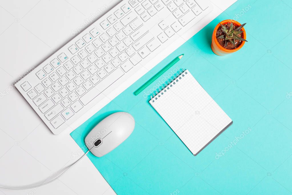 Computer keyboard and mouse on color block background, office interior