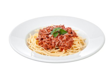 Sığır eti, domuz eti, peynir, domates ve baharatlı spagetti sosu.