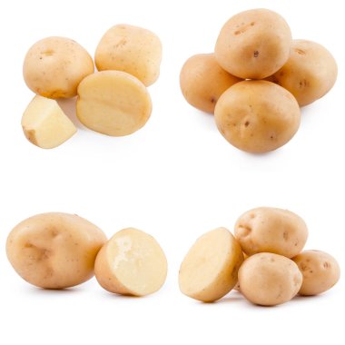 Beyaz arka planda izole edilmiş patates yığınları