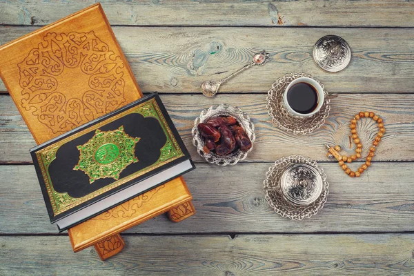 Tischplatte Ansicht Luftbild Der Dekoration Ramadan Kareem Urlaub Hintergrund Flache — Stockfoto