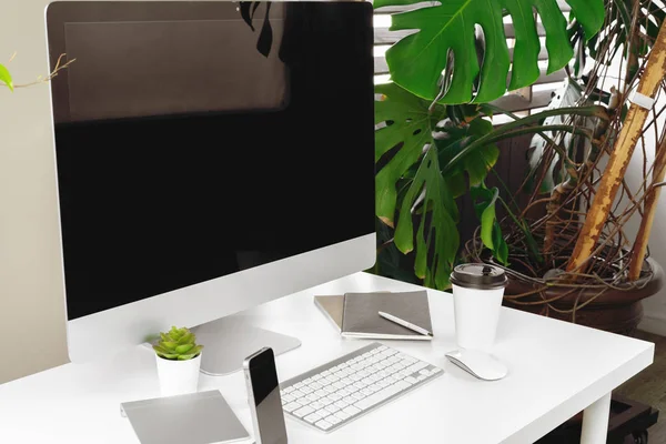 Stylish Workspace Computer Keyboard Office Supplies Plant Modern Office — Stock Photo, Image