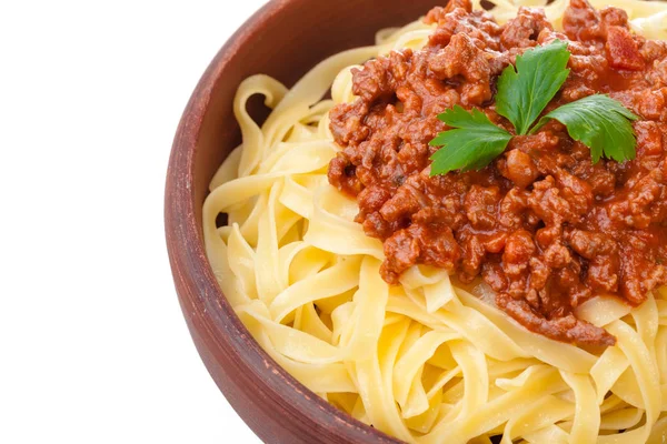 Friss Ízletes Spagetti Bolognai Fehér Alapon — Stock Fotó